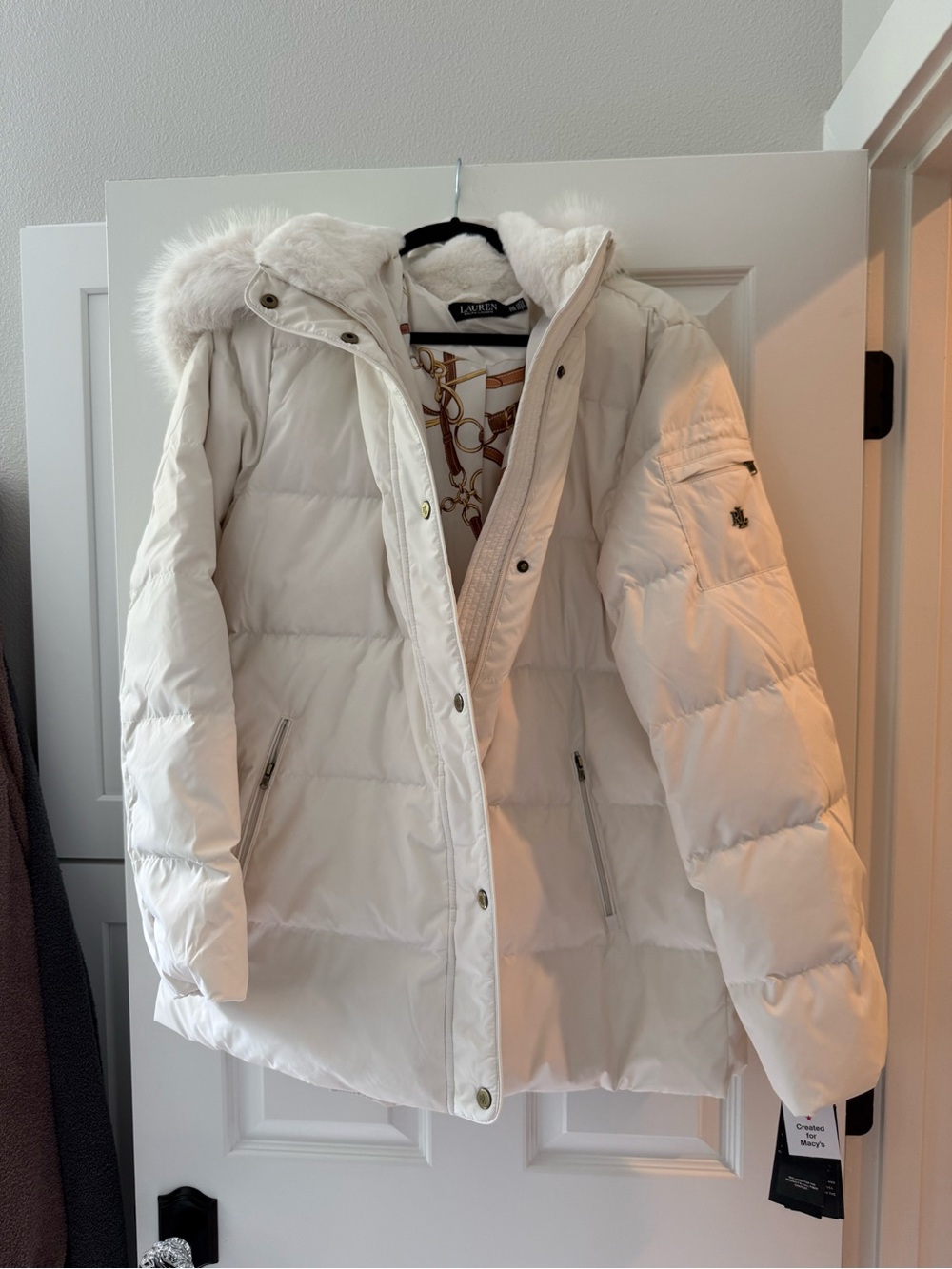 Ralph Lauren White Quilted Down Puffer Coat with Faux Fur Trim